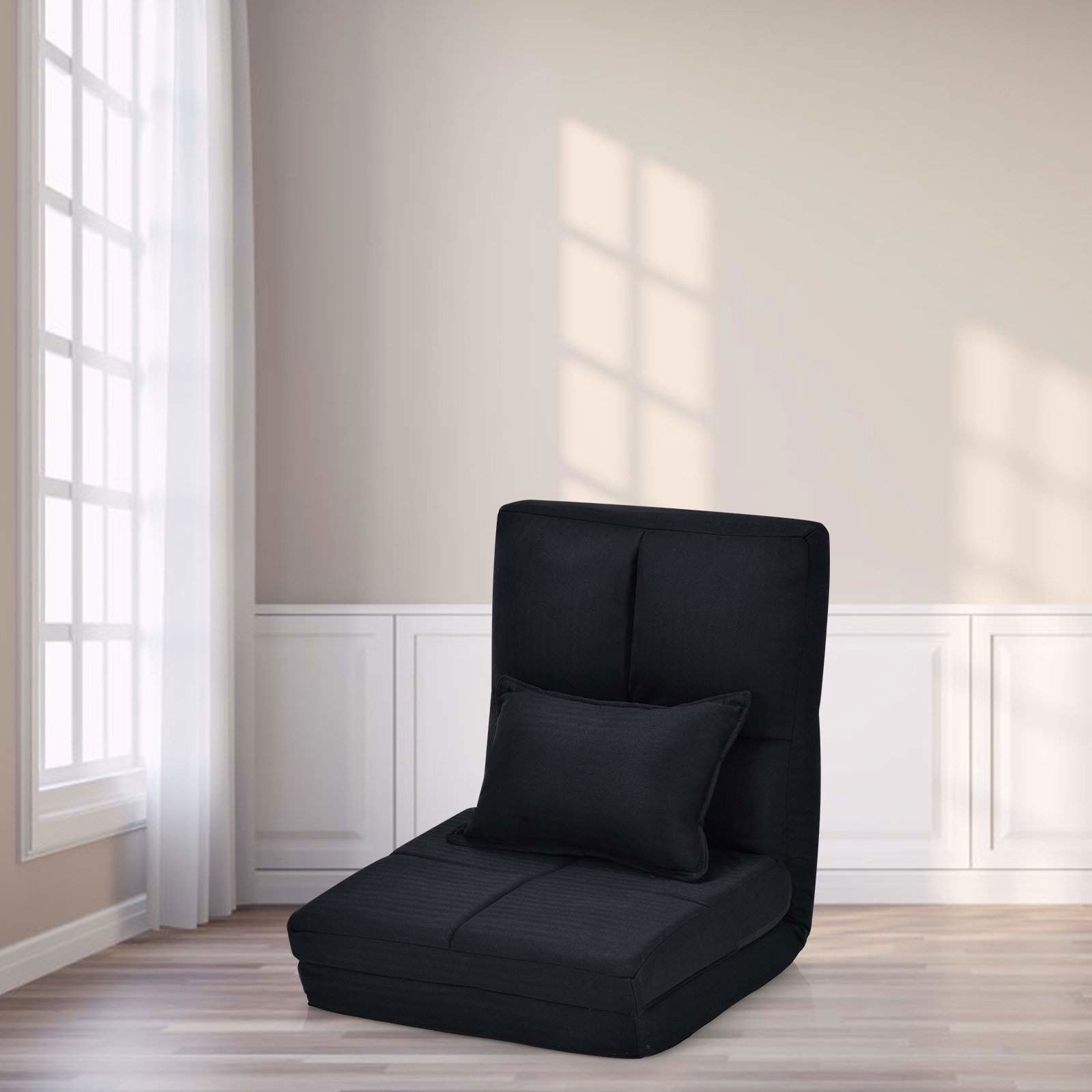Justerbar gulvstol – foldbar, blød pude, sort