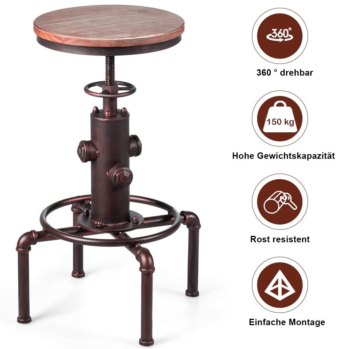 Justerbar barstol – naturligt træ og bronze, industrielt design