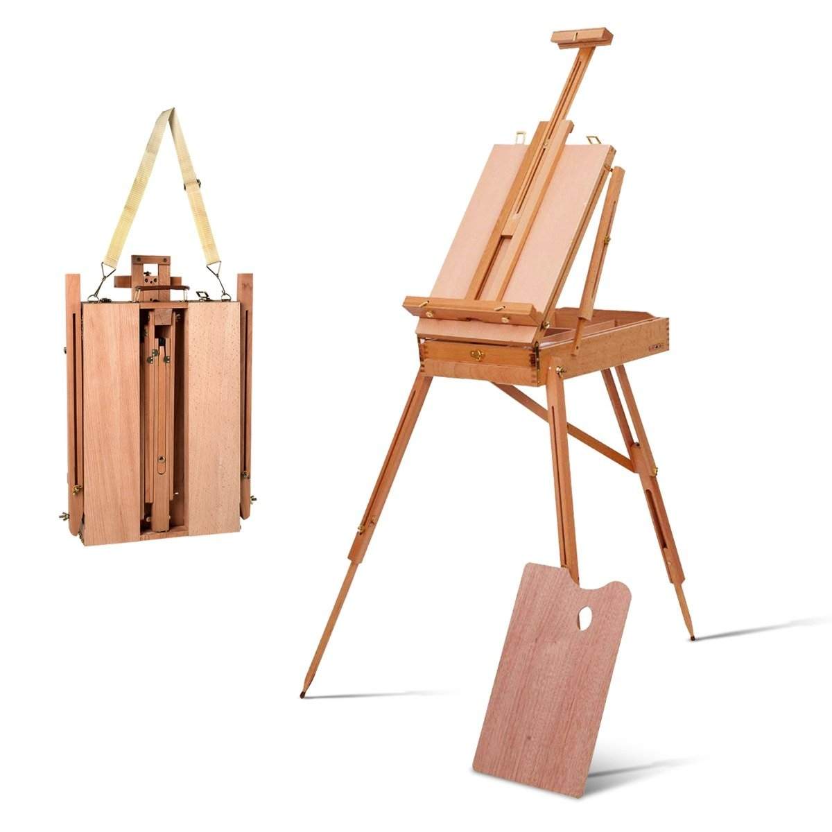 Transportabelt staffeli i bøgetræ med skuffe – 71 x 114 x 183 cm