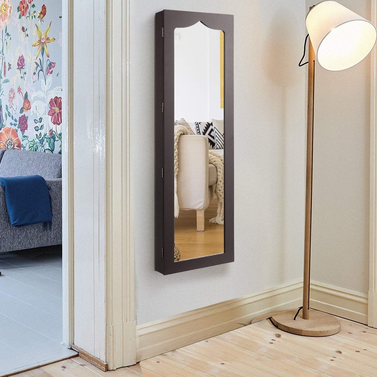 Vægmonteret smykkeskab med spejl og LED-lys