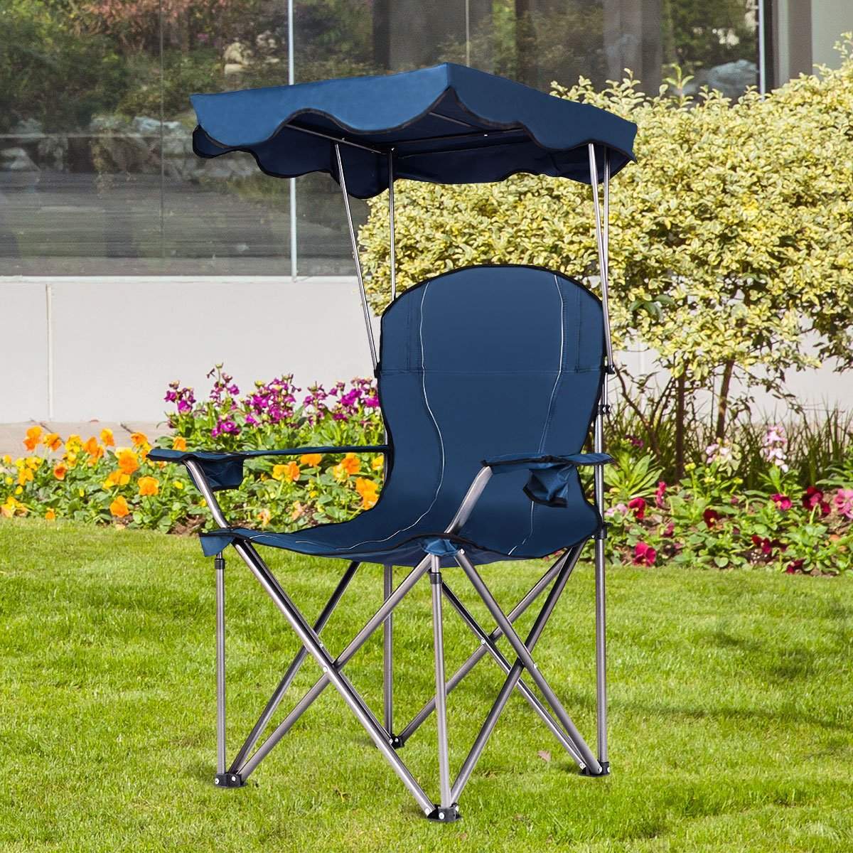 Sammenklappelig campingstol med solsejl og kopholdere – blå