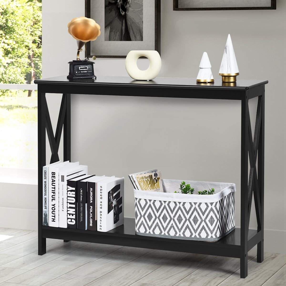 Smalt X-Frame konsolbord med hyllor – svart, 100x30x80 cm | Hem & Hobby | Pryloteket