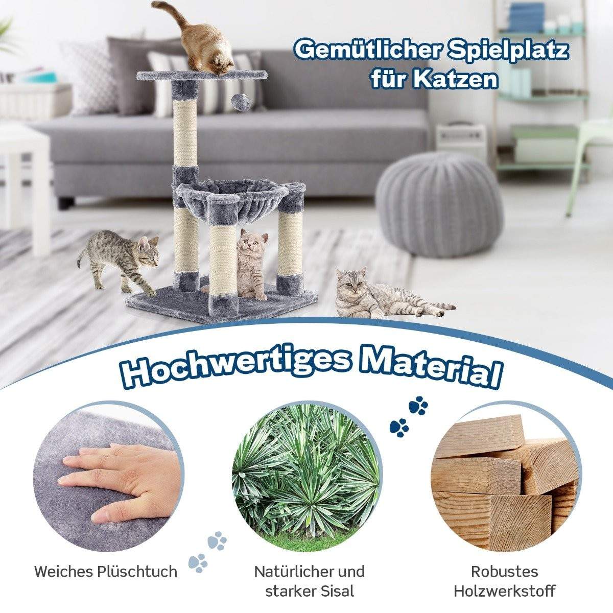 Kattetræ på flere niveauer med hyggelig hængekøje og sisalstolper