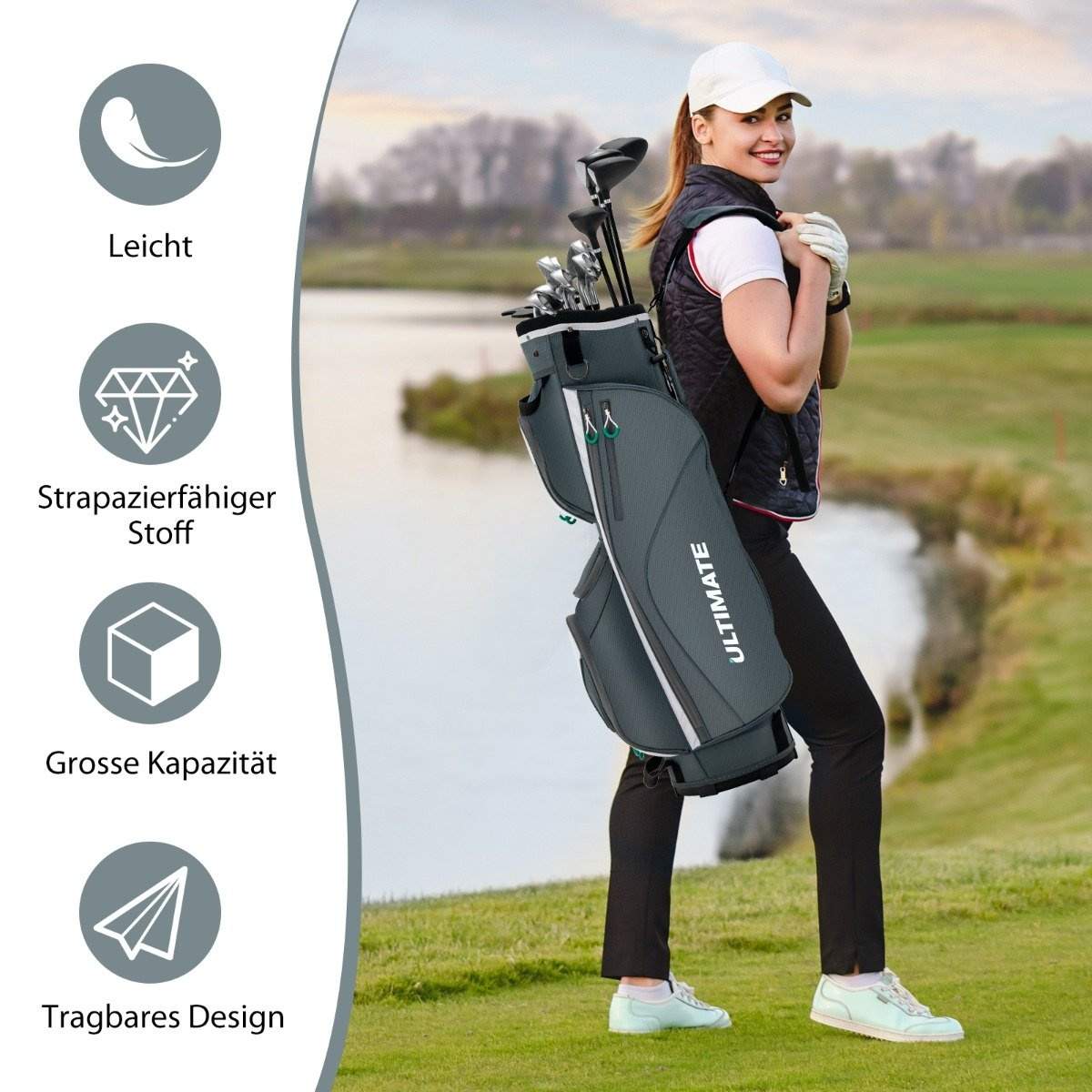 Letvægts golftaske med 14 skillevægge og 7 lommer – Grå