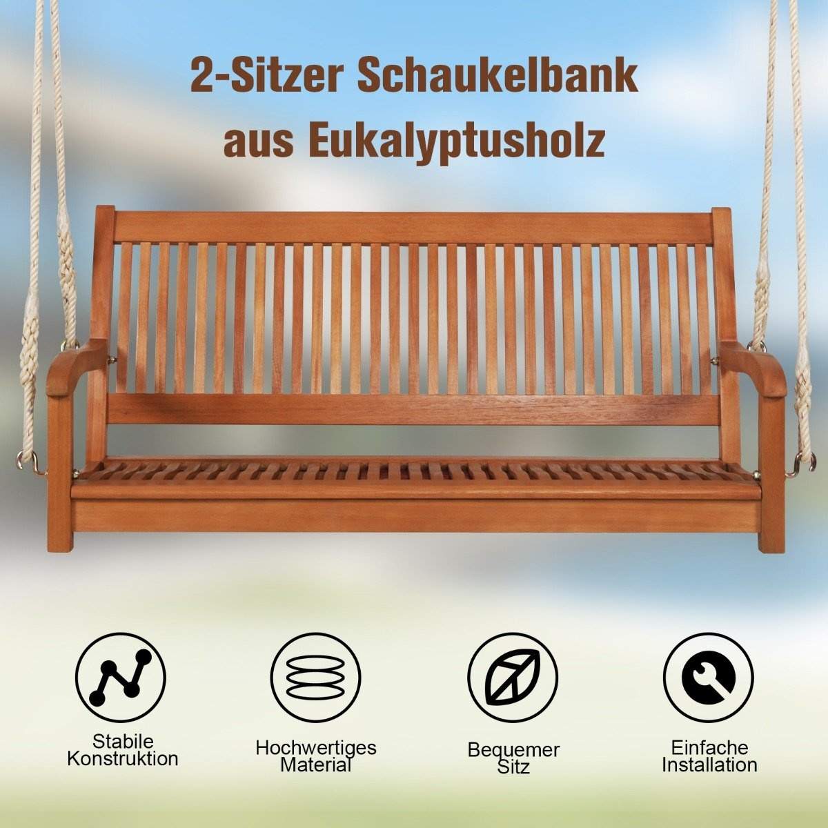Eucalyptus-gyngebænk med robuste jute-reb – sæder 2