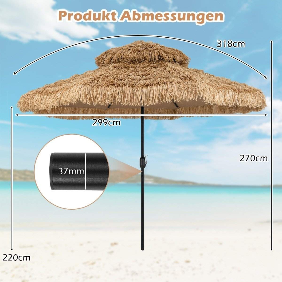 Hawaiian Tiki Straw Paraply – Justerbar, 299 cm