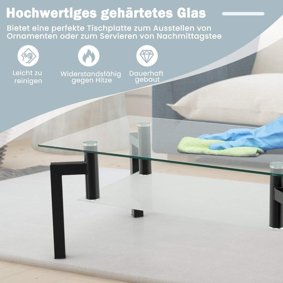 Glas sofabord – 2-lags moderne design med metalramme