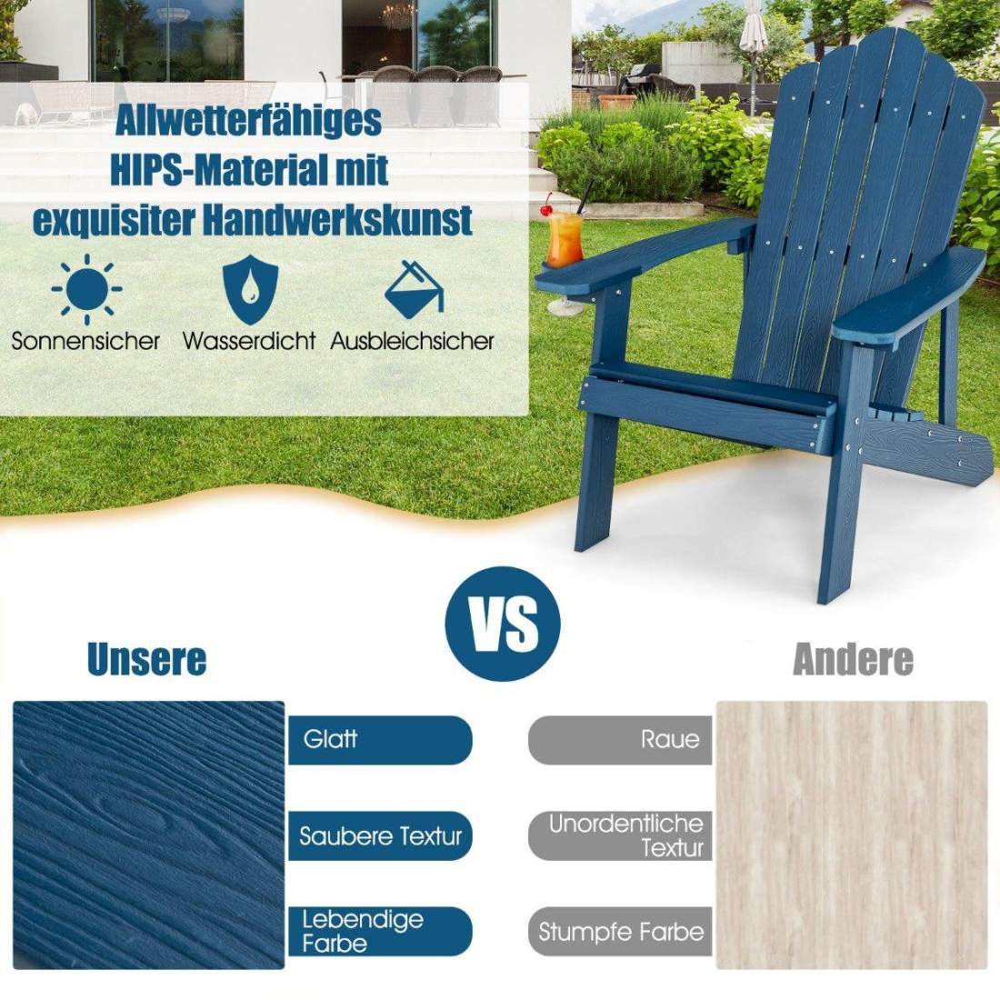 Adirondack stol med mugghållare – blå, väderbeständiga höfter | Hem & Hobby | Pryloteket