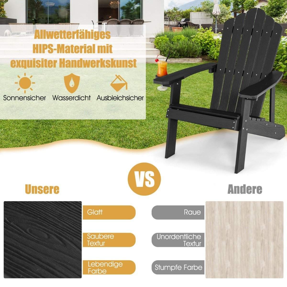 Adirondack stol med kopholder – sorte, vejrbestandige hofter