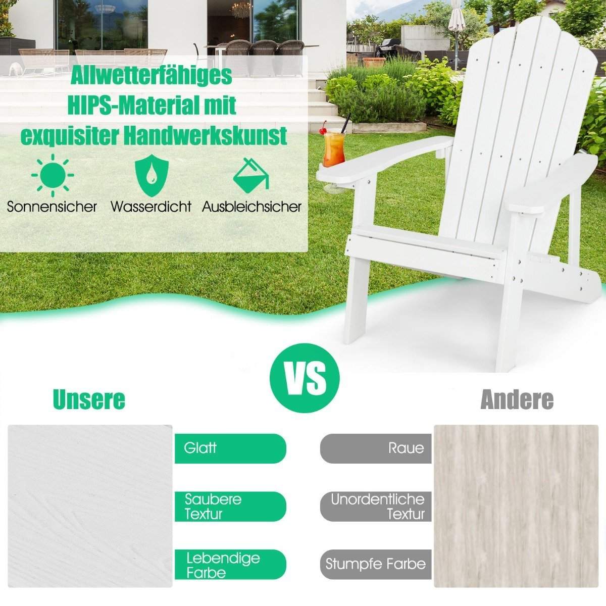 Adirondack stol med kopholder – vejrbestandig hvid