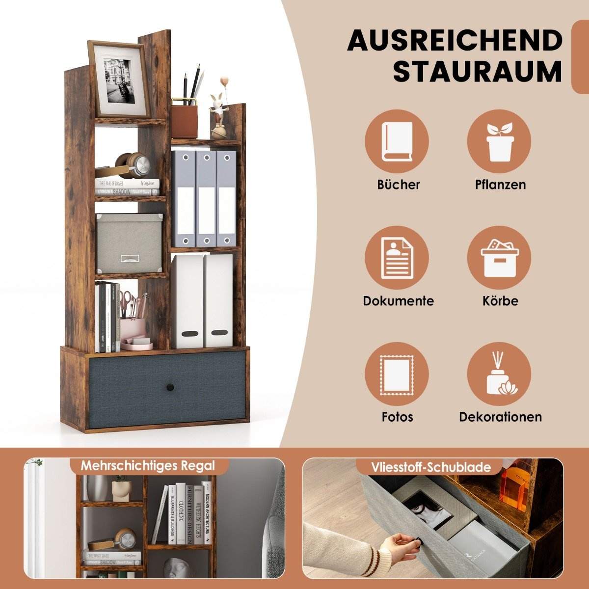 7-lags åben bogreol med skuffe, 53 x 24 x 118 cm, brun