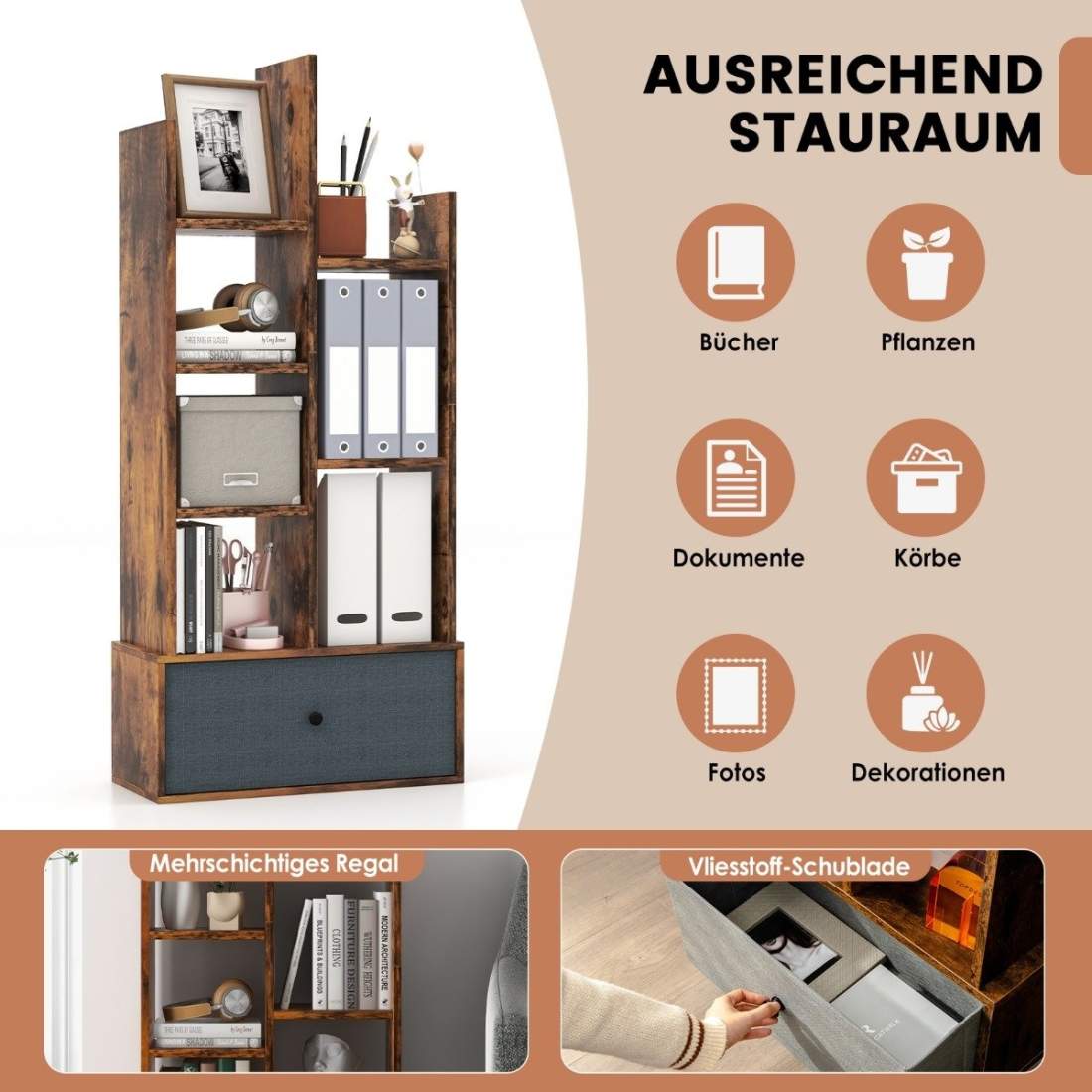 7-vånings öppen bokhylla med låda, 53 x 24 x 118 cm, brun | Hem & Hobby | Pryloteket