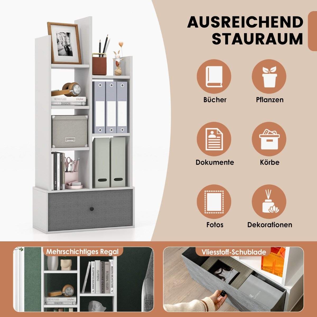 7-lags åben bogreol med skuffe – hvid, 53 x 24 x 118 cm