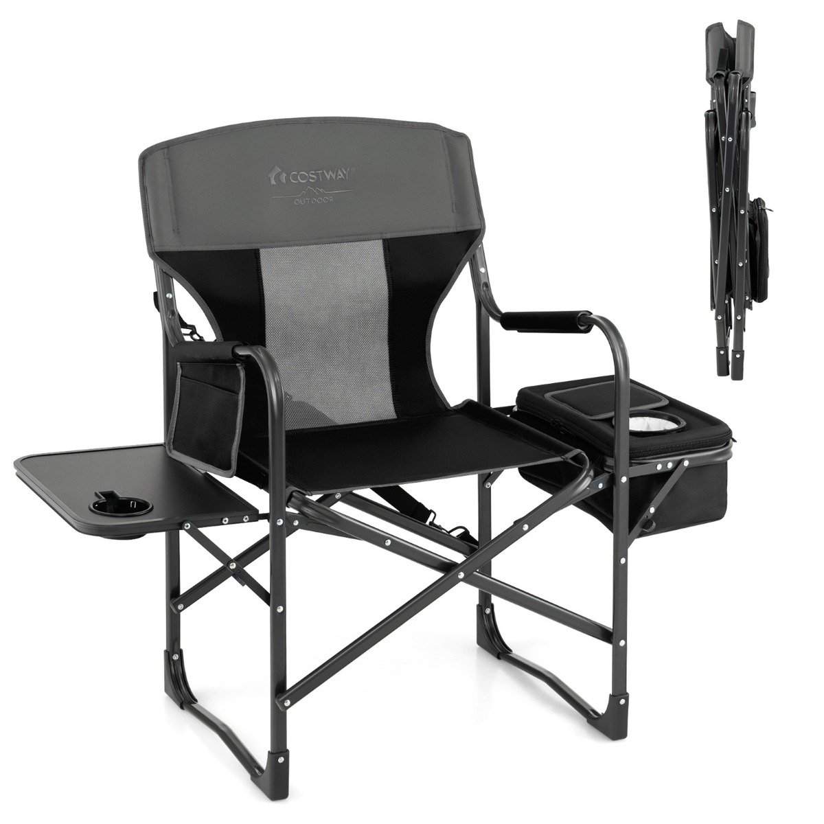 Campingstol med sidebord, køler & opbevaring, sort