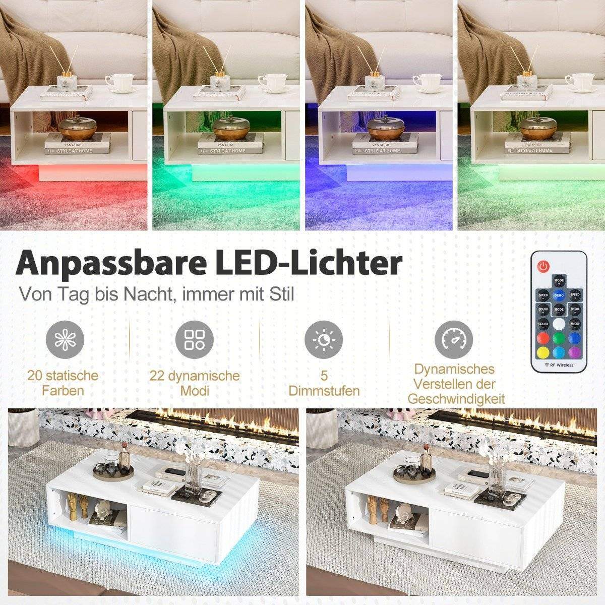 LED sofabord med fjernbetjening, blank hvid, 95x55x31 cm