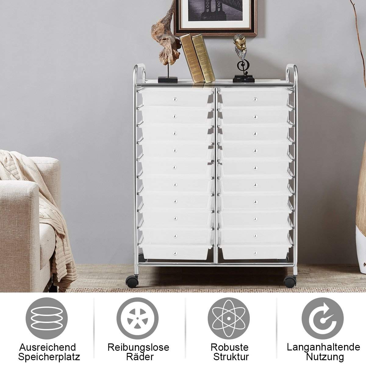 Mobil opbevaringsvogn med 20 farverige skuffer – alsidig og holdbar