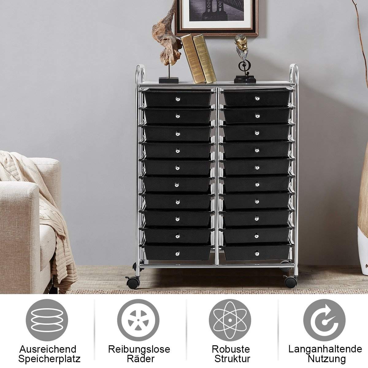 Mobil opbevaringsvogn med 20 farverige skuffer – sort