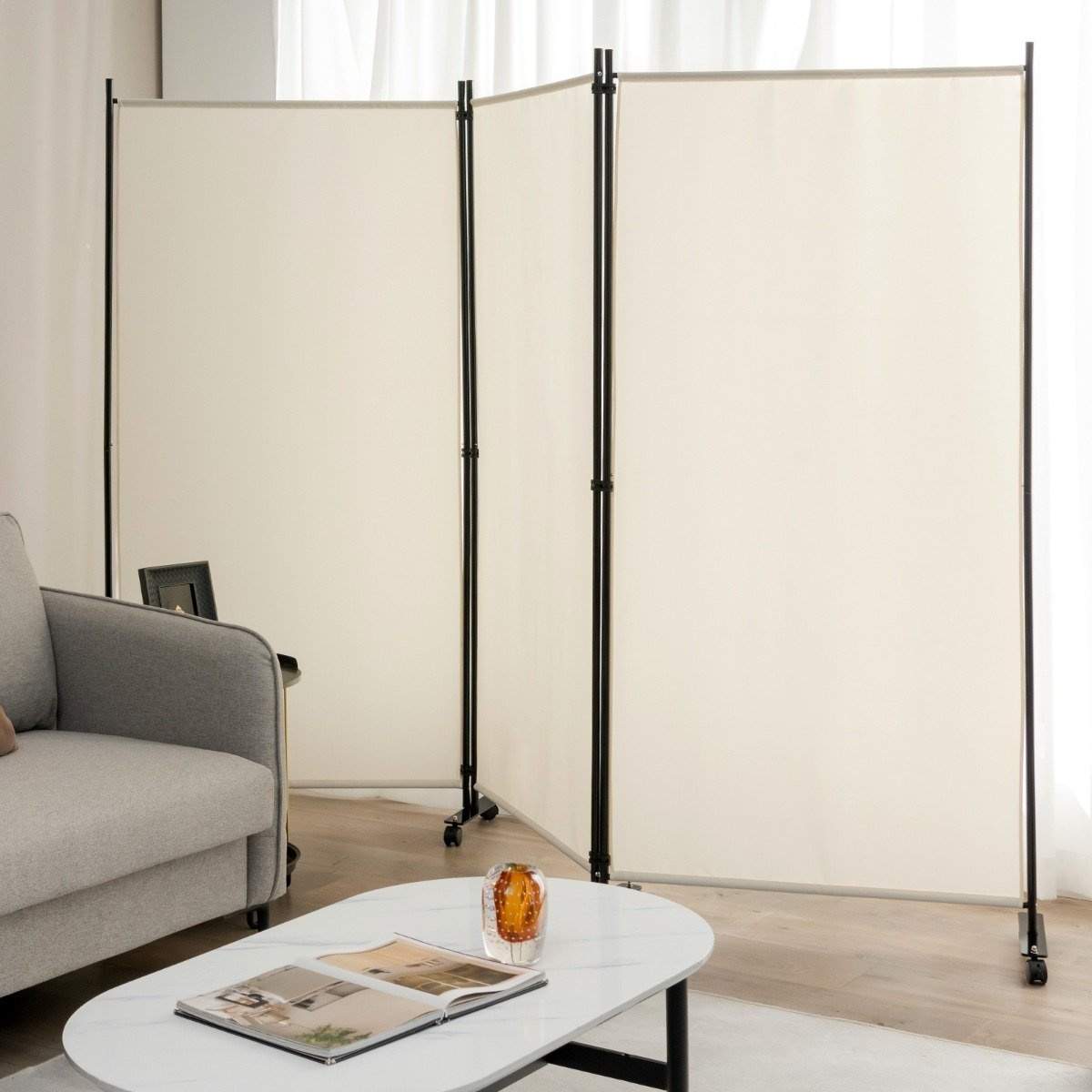 180 cm sammenklappelig rumdeler med hjul – 3 paneler, beige