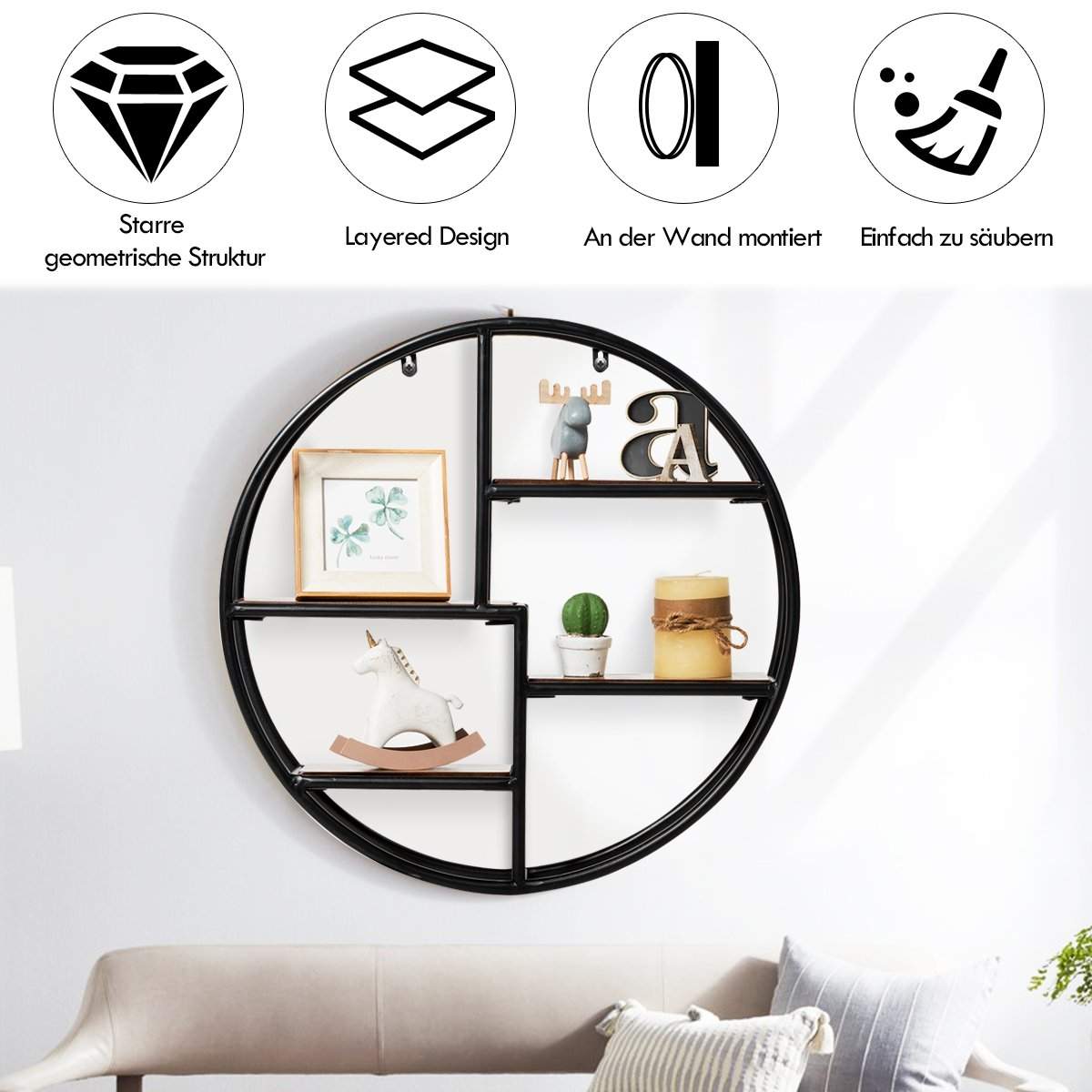 Rund væghylde med 4 etager – 55x55x11cm, sort