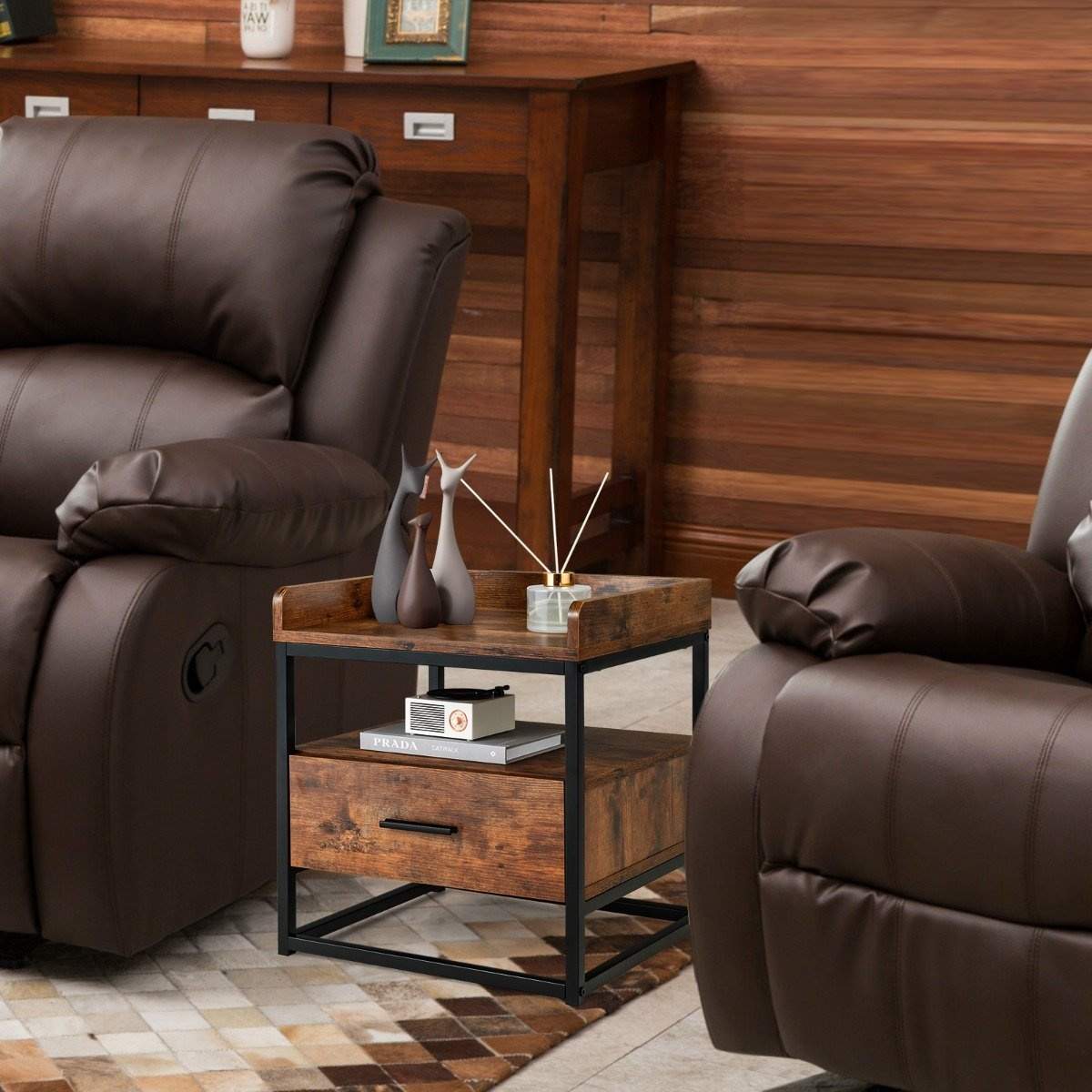 2-lags sidebord med metalstel og hævede kanter