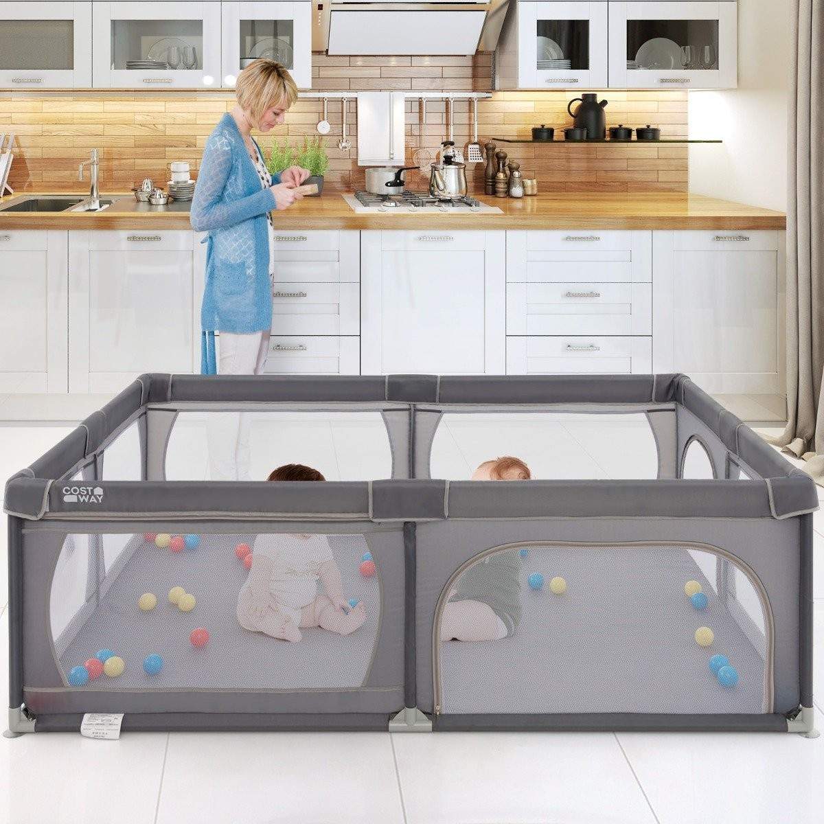 Babykravlegård med 50 bolde og åndbart mesh – mørkegrå