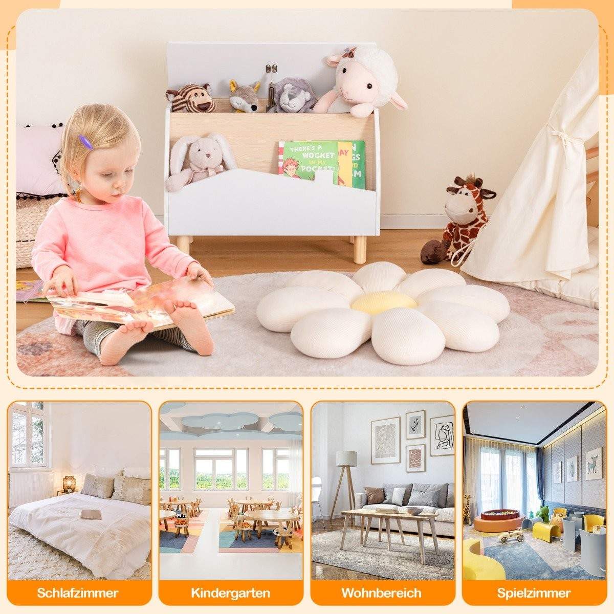 Legetøjskasse i træ med hylde – 60x30x44 cm, Hvid