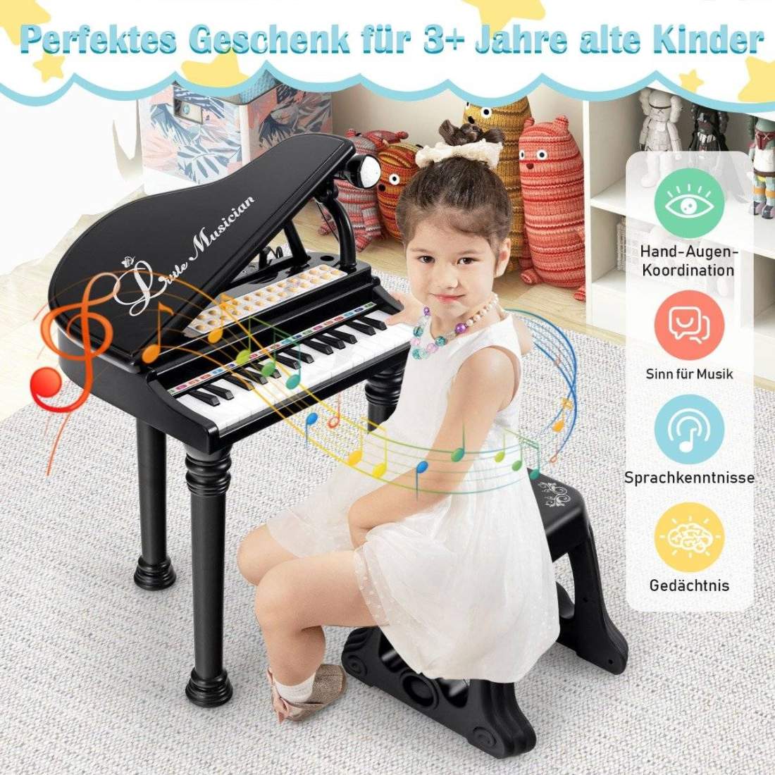 Leksakspiano med 31 tangenter för barn med pall – Svart, bärbart roligt | Hem & Hobby | Pryloteket