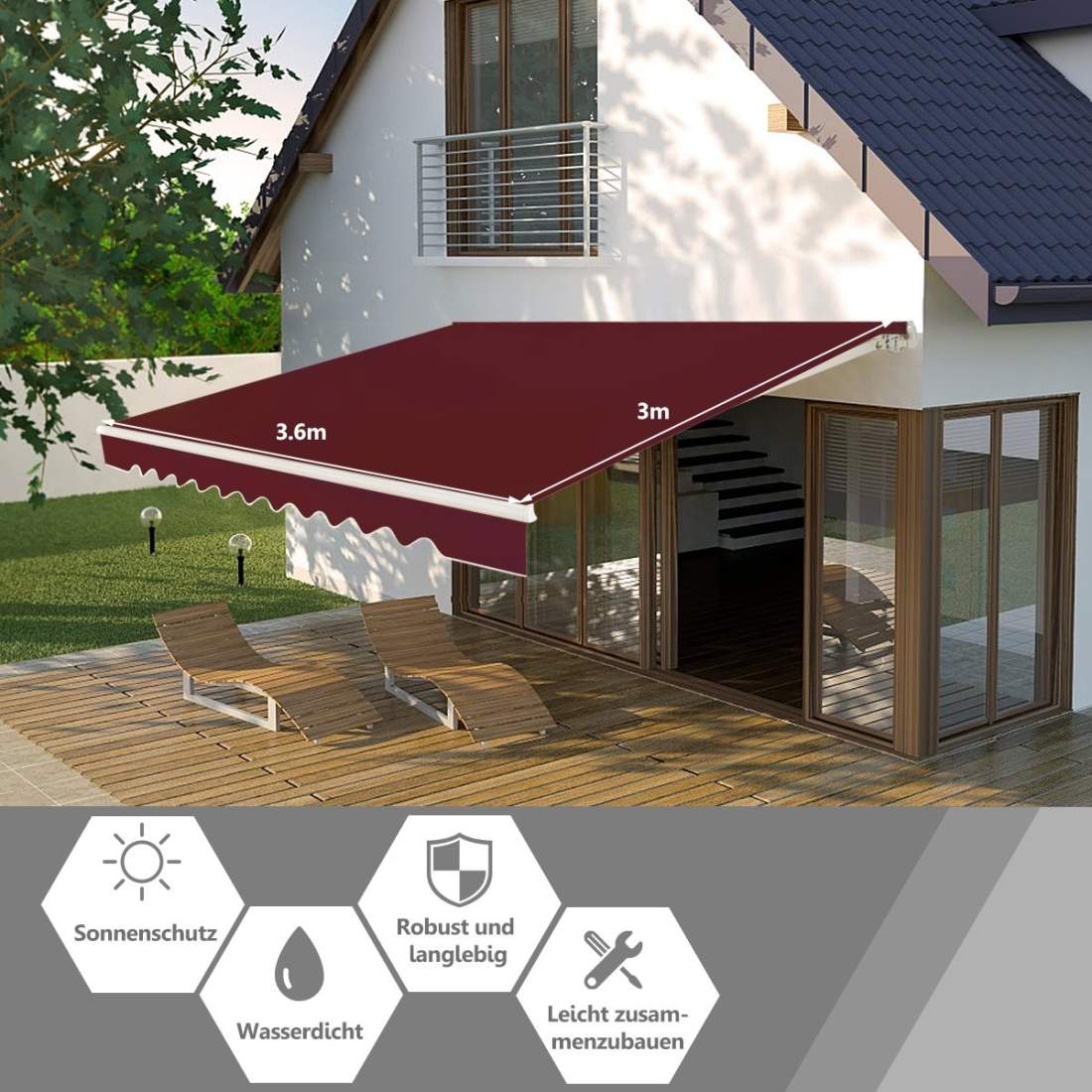 Infällbar markis – aluminium, 3,6 m x 3 m, vinröd | Hem & Hobby | Pryloteket