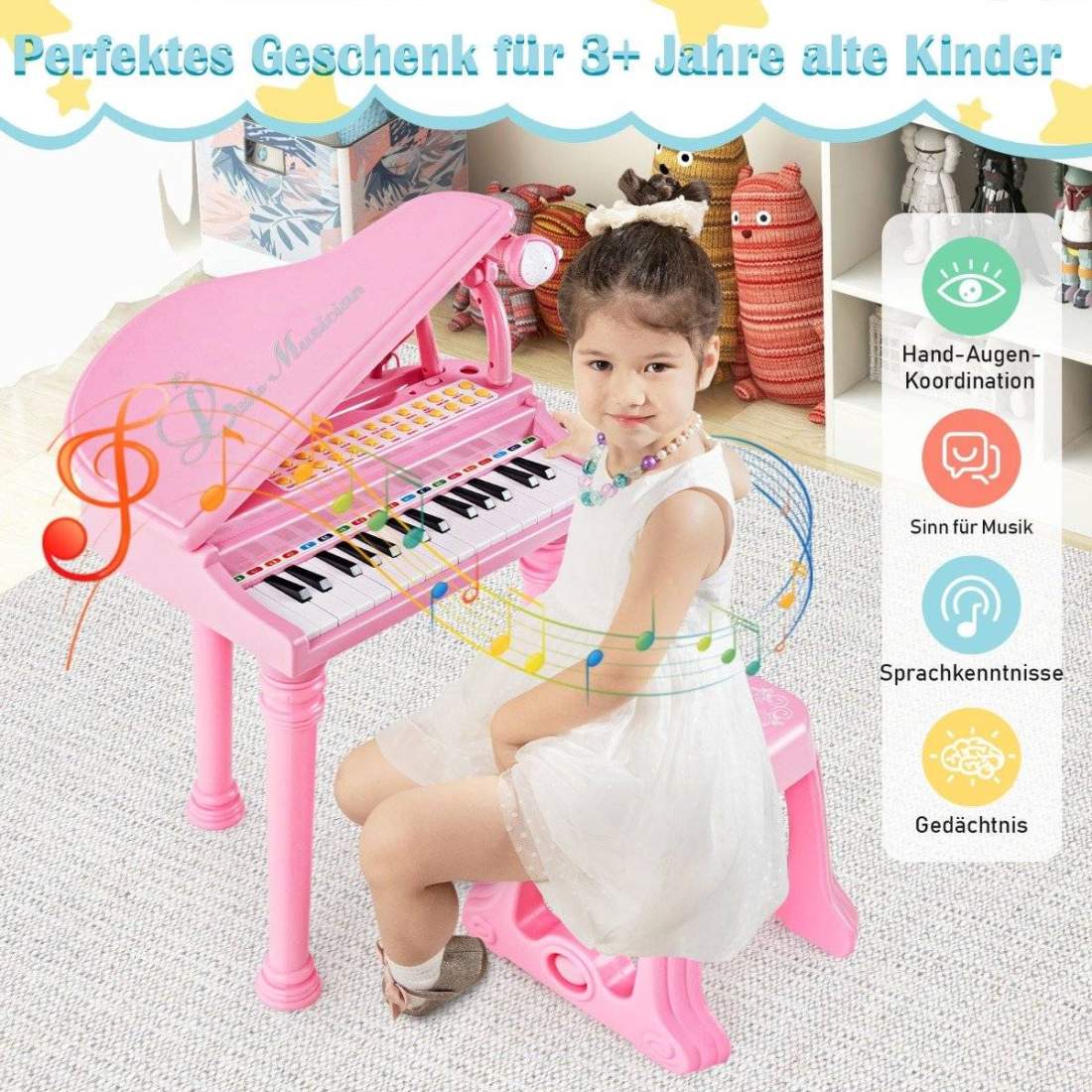 Rosa tangentbord med 31 tangenter för barn med pall – rolig musikleksak | Hem & Hobby | Pryloteket