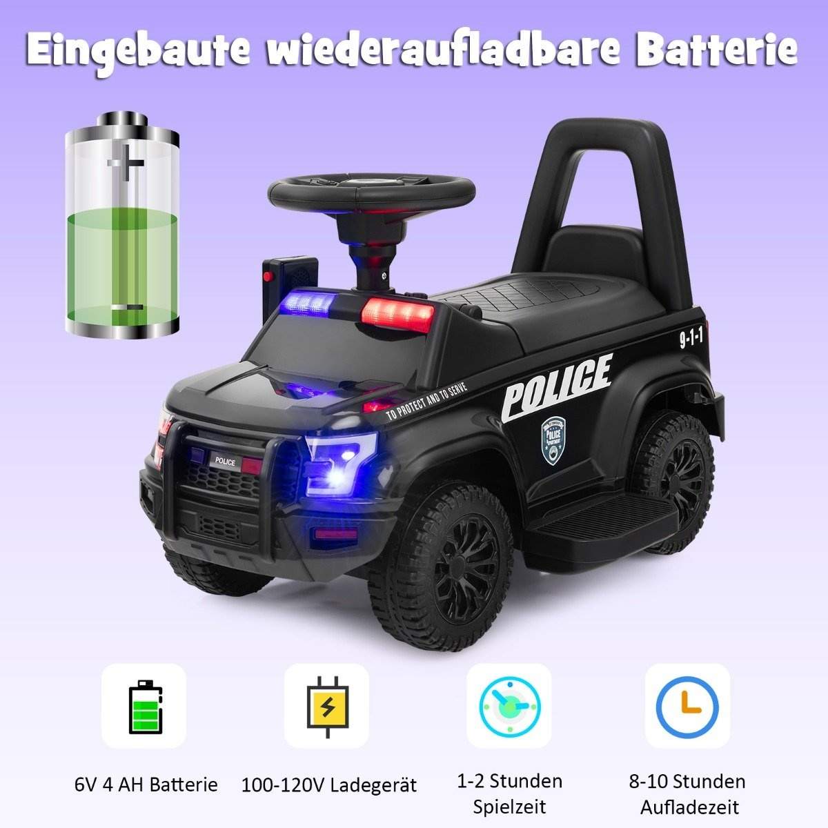 Politibil til børn med megafon og opbevaring, 6V batteri