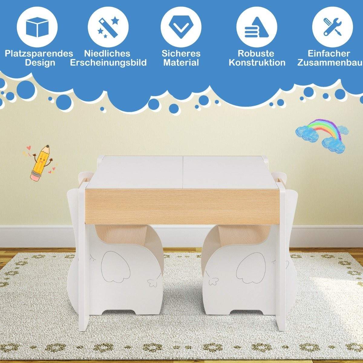 Børnenes 4-i-1 træbordsæt med tavle og opbevaring