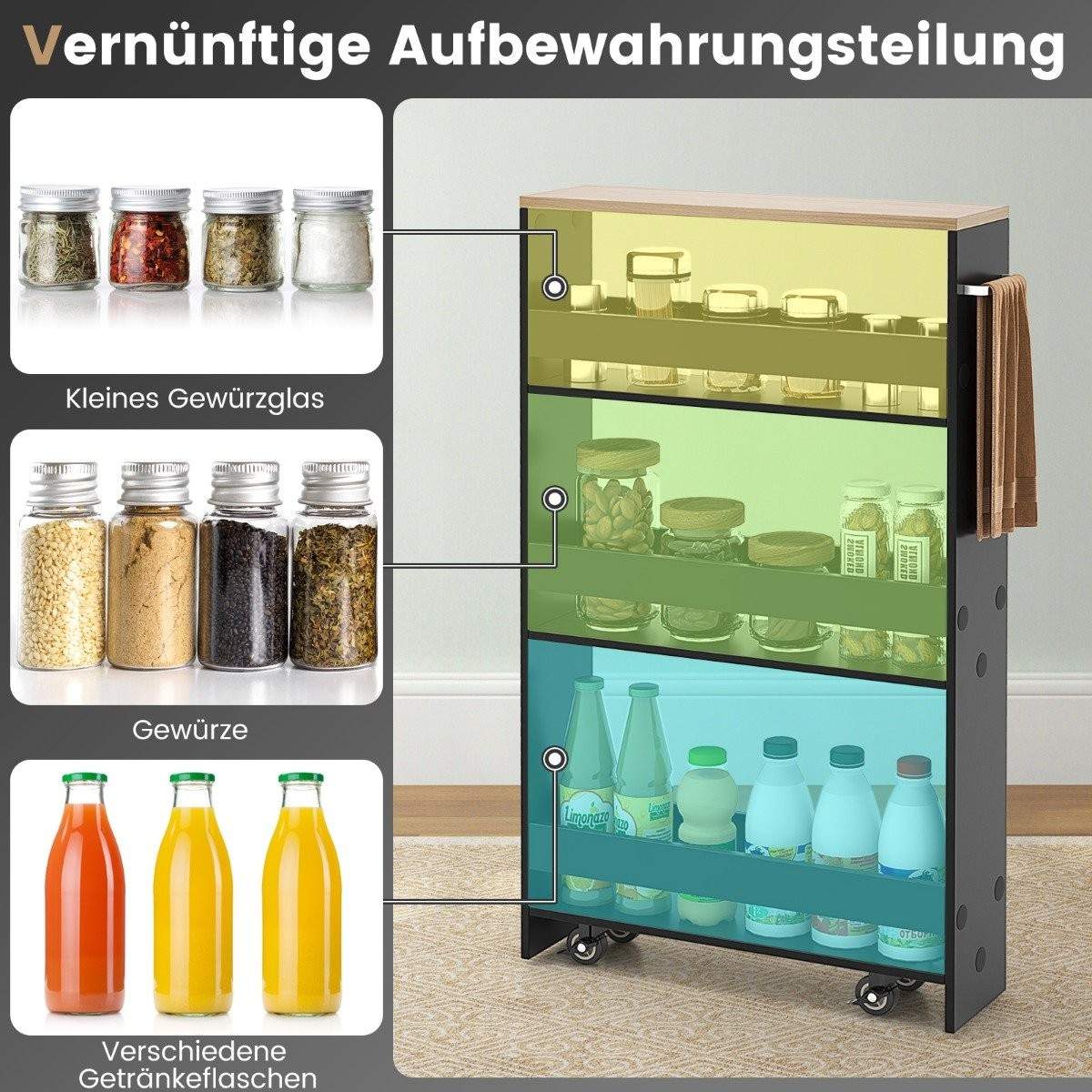 4-trins rullende køkkenvogn i træ med håndtag – sort og naturlig