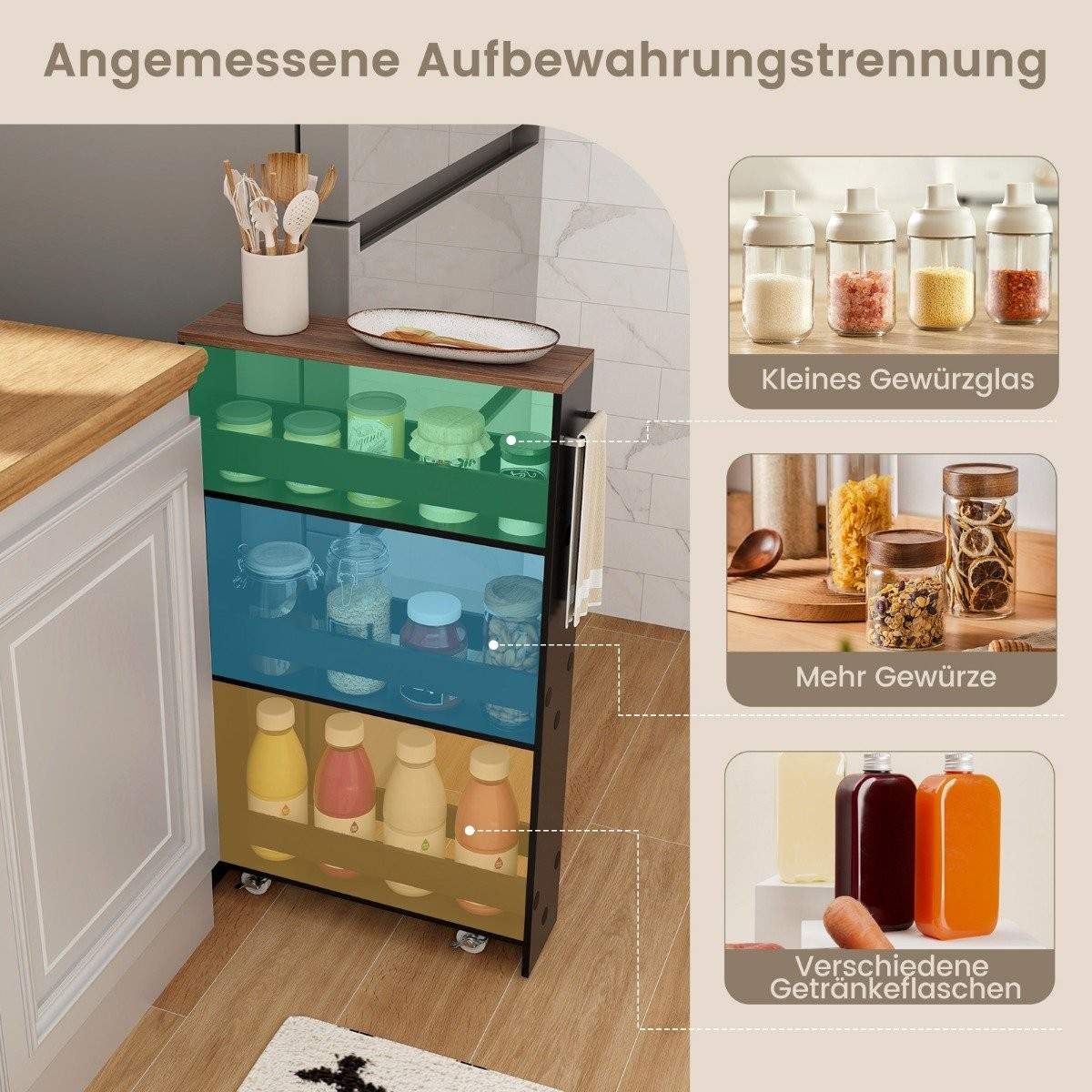 4-trins rullende køkkenvogn med håndtag – sort og brun
