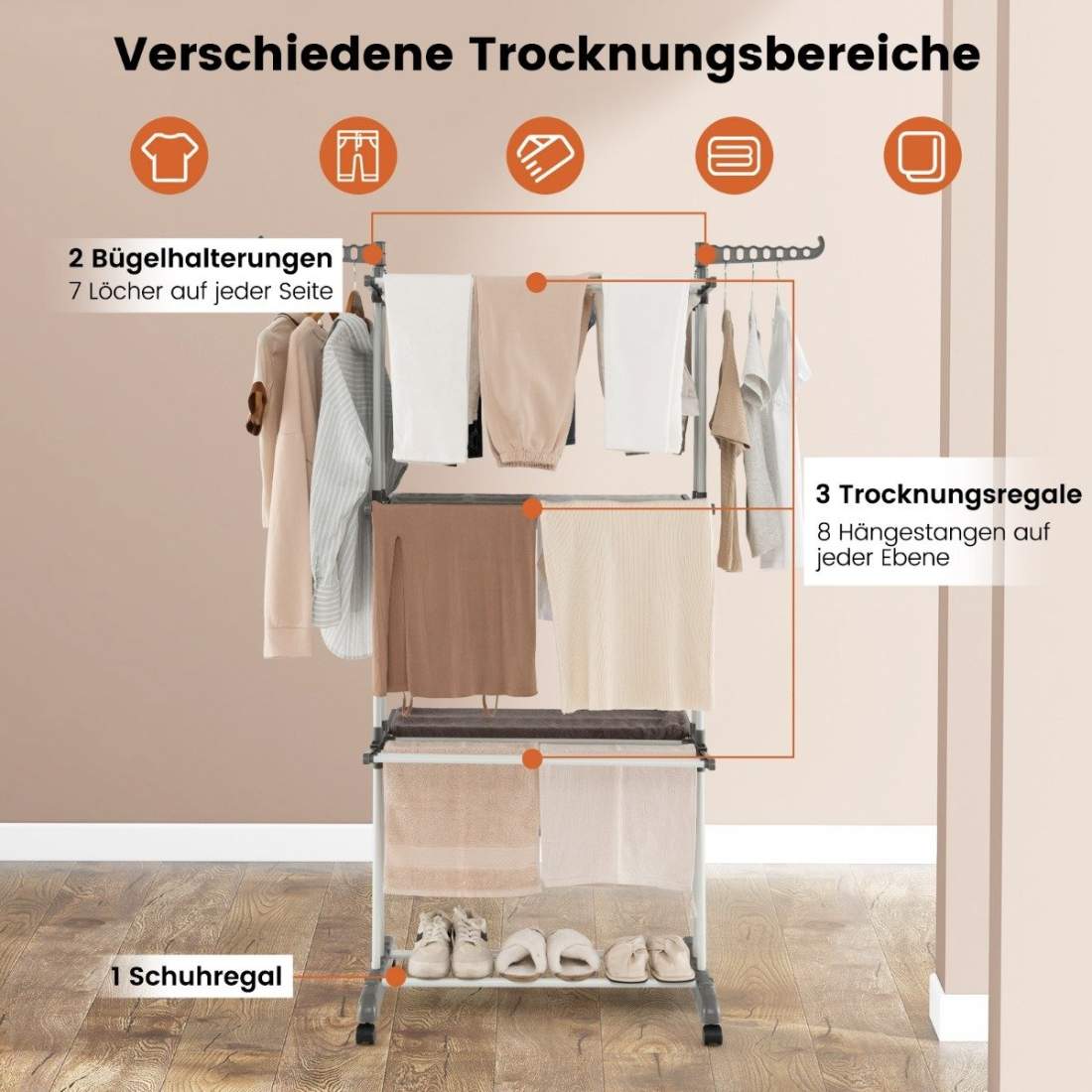 4-lagers hopfällbar torkställning för kläder med hjul – Grå | Hem & Hobby | Pryloteket