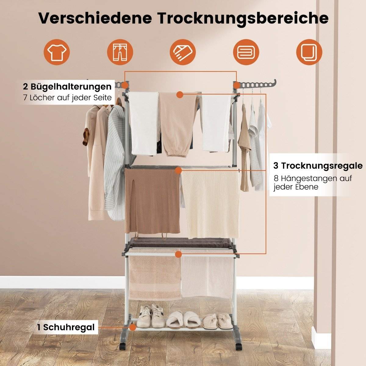 4-lags sammenfoldelig tørrestativ med hjul – Grå