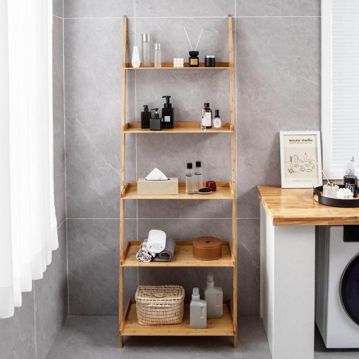 Bambus 5-lags stigehylde med anti-tip sikkerhed, 65x36x183 cm