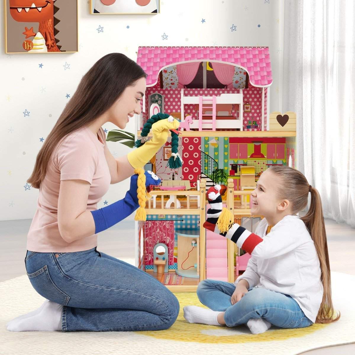 Trædukkehus – 3 etager, 15 møbelstykker, 6 værelser