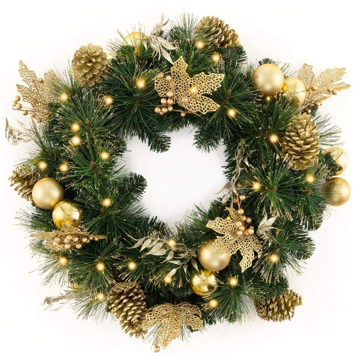 60 cm Pre-Lit kunstig julekrans med LED'er og fyrrekogler