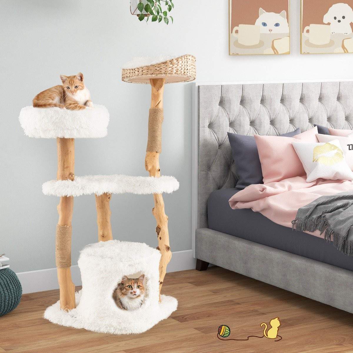 Kattetræ med træramme & hyggeligt gemmested, 124 cm