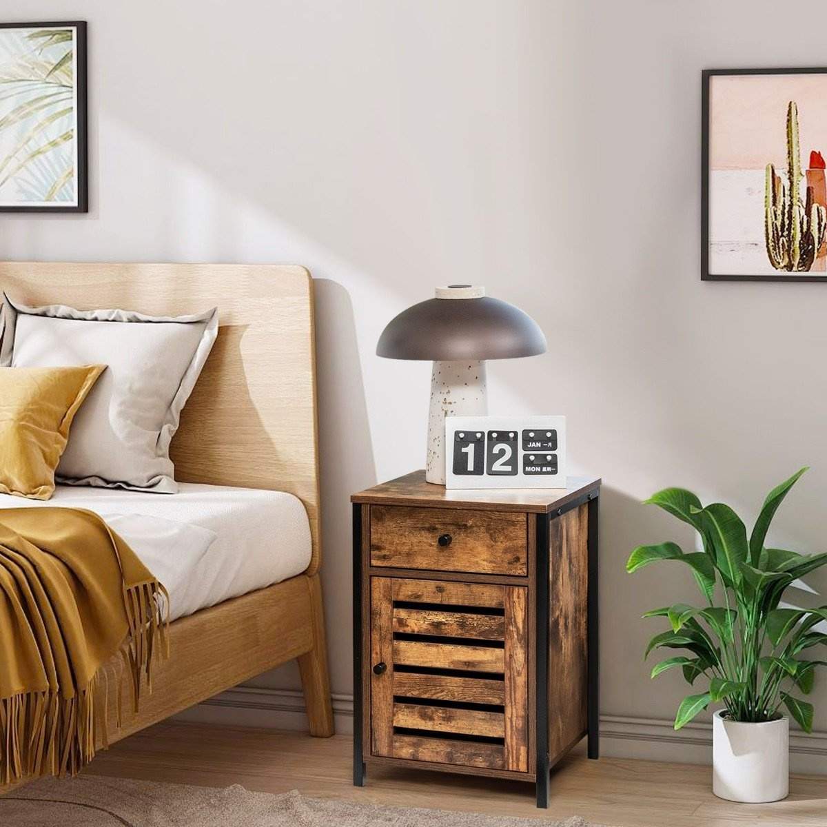 Industrielt natbord med justerbar hylde – rustik brun