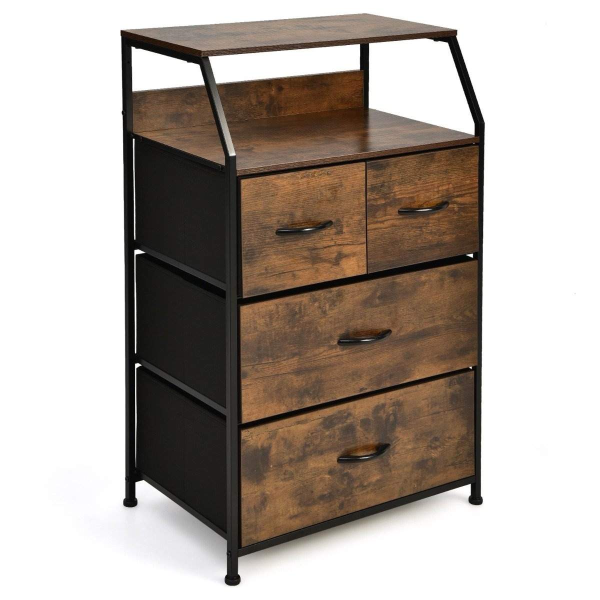 Industriel kommode med 4 stofskuffer og metalramme