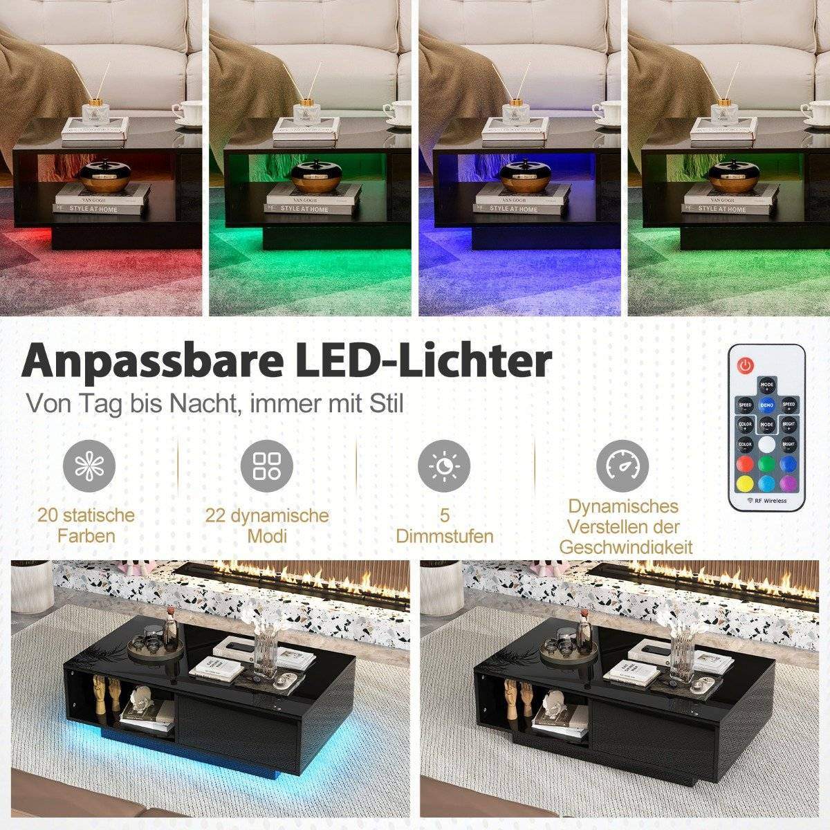 Soffbord med LED-lampor, Fjärrkontroll, Högglans | Hem & Hobby | Pryloteket