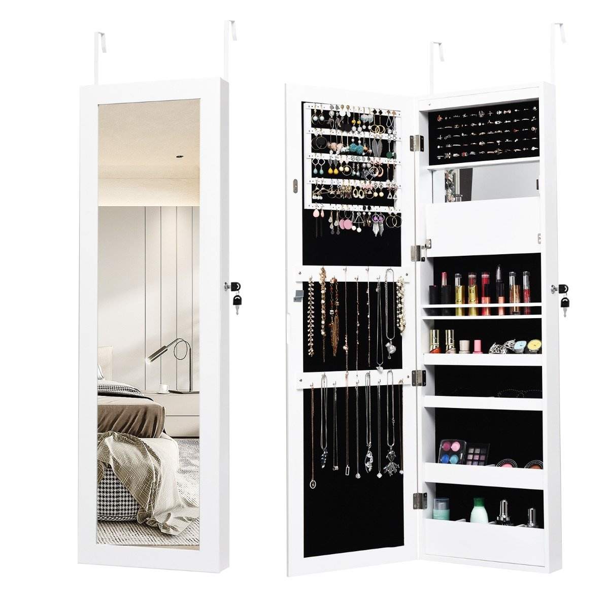 Smyckesskåp med spegel – Låsbart, LED-ljus, vägg-/dörrfäste | Hem & Hobby | Pryloteket