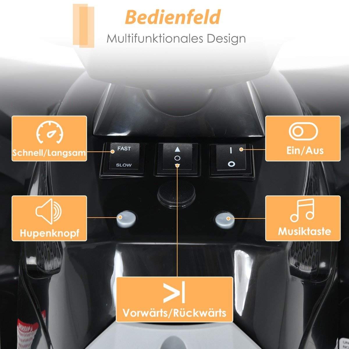 12 V lasten sähköinen neliö, musiikki, äänitorvi ja LED-valot