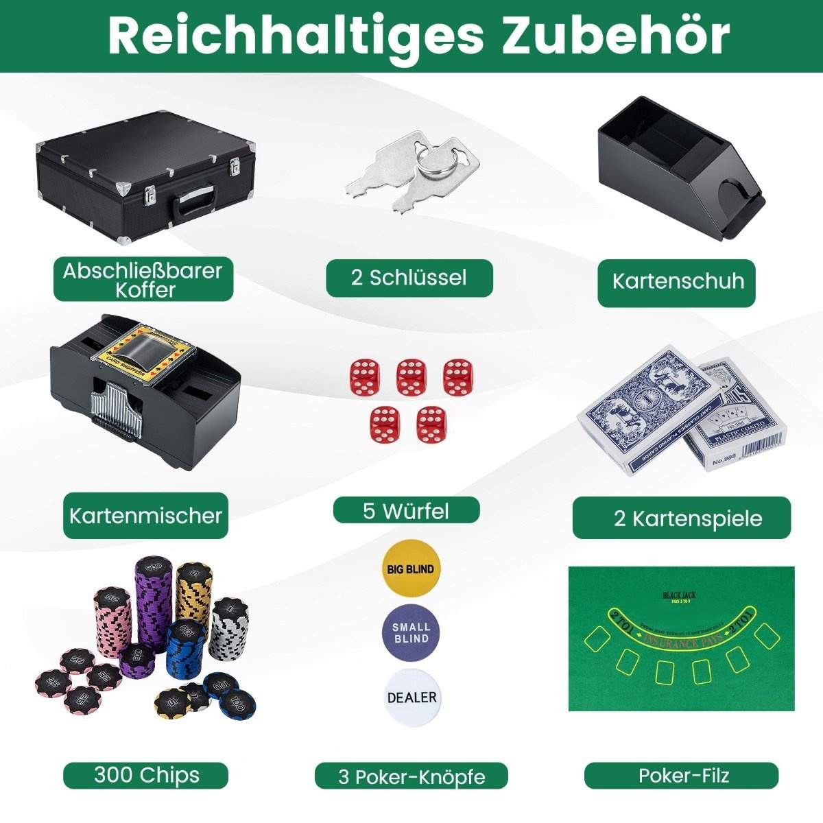 Pokersæt med 300 chips, kortblander og dealerknap