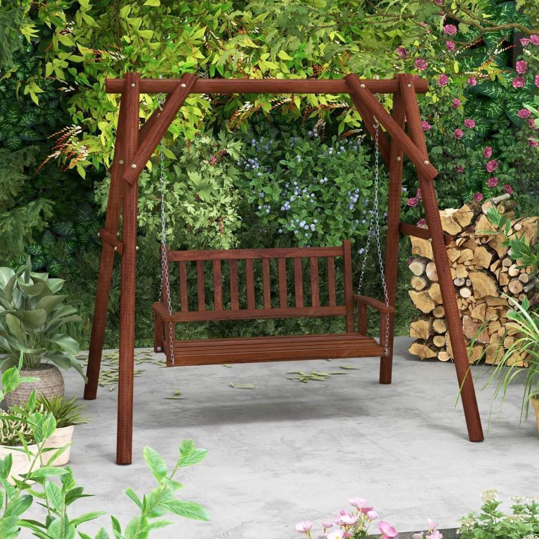 3-sits verandagunga i massivt trä – justerbara kedjor, 360 kg kapacitet | Hem & Hobby | Pryloteket