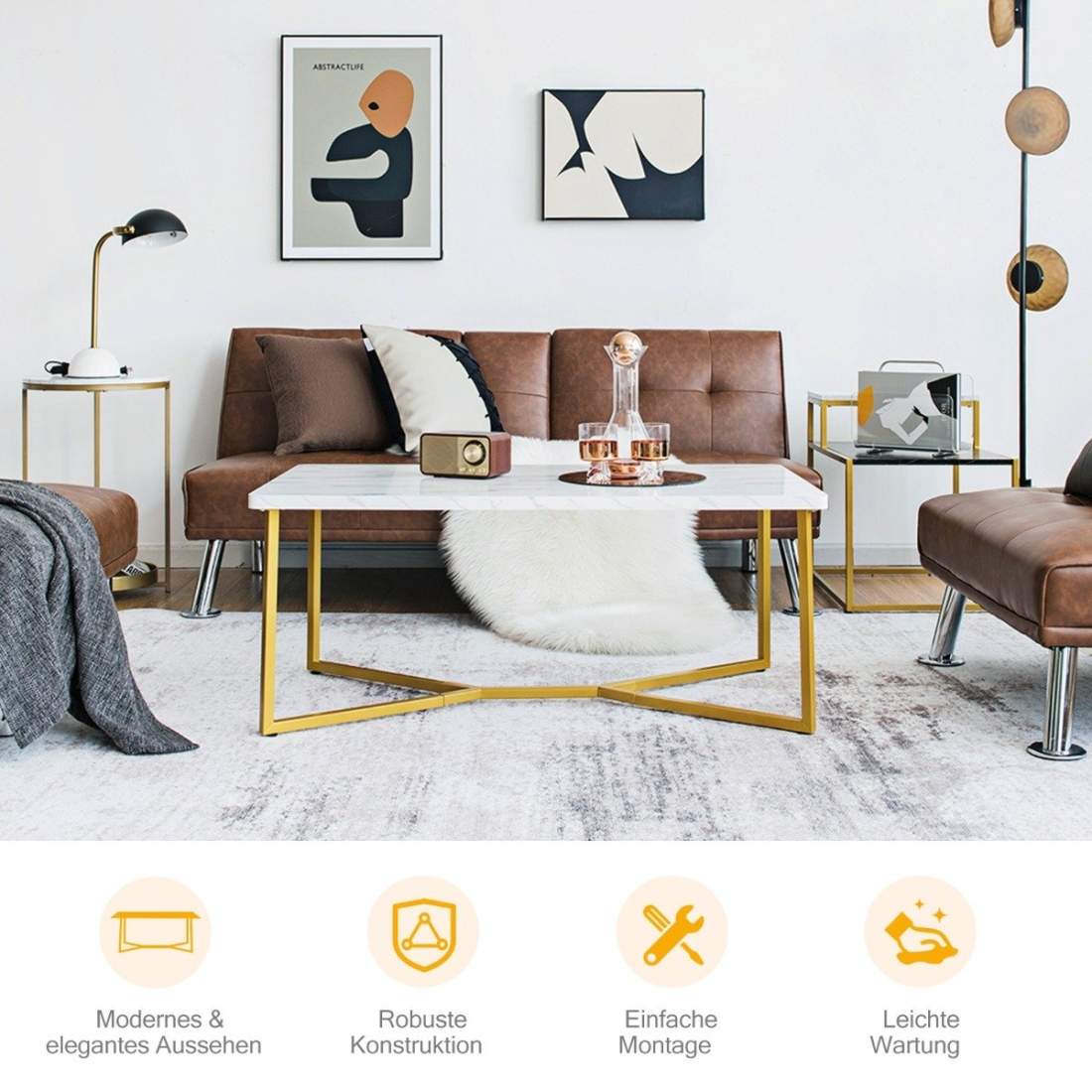 Soffbord i marmorlook med guldmetallunderrede, justerbara fötter | Hem & Hobby | Pryloteket