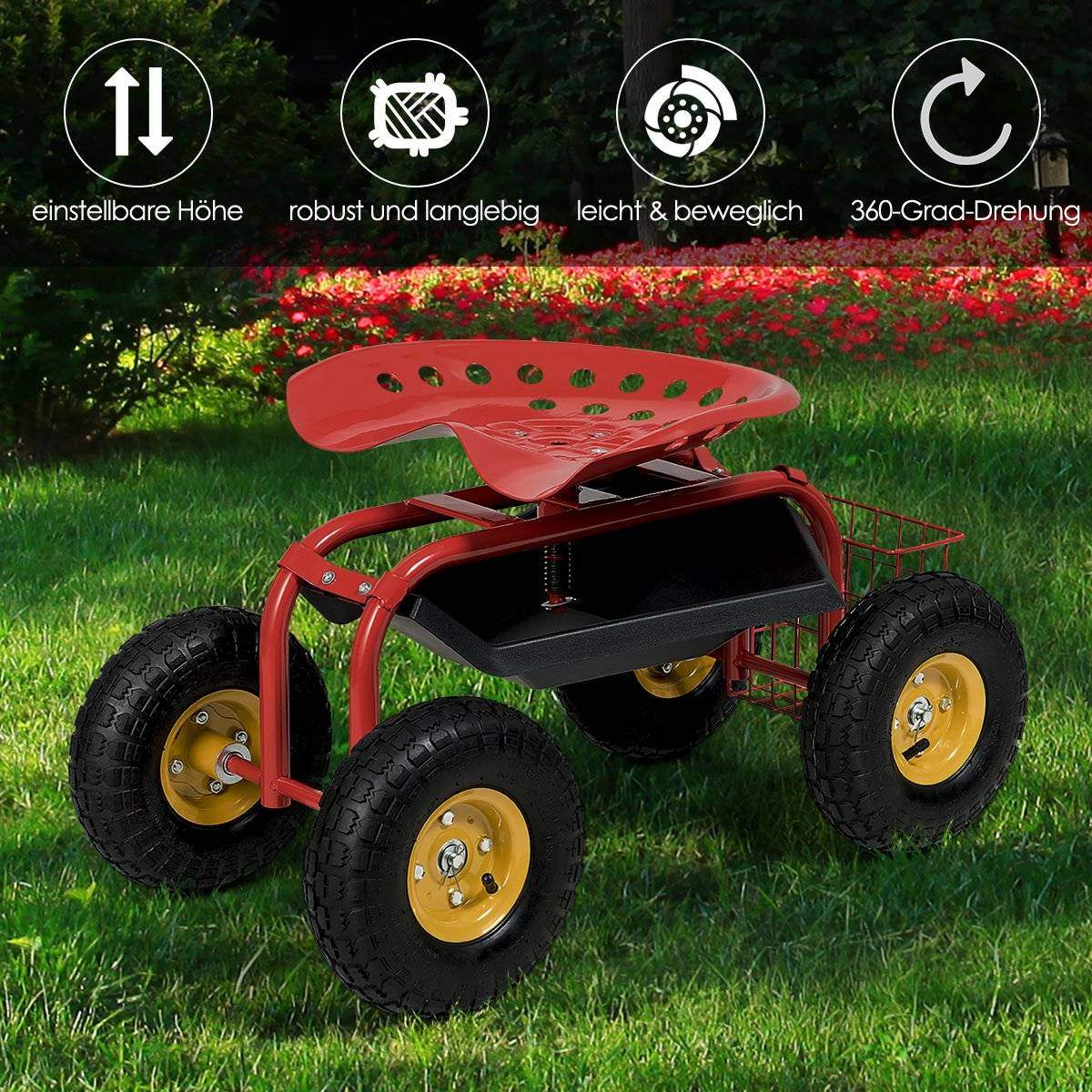 Justerbart havesæde med hjul – 360° drejelig, opbevaringskurv