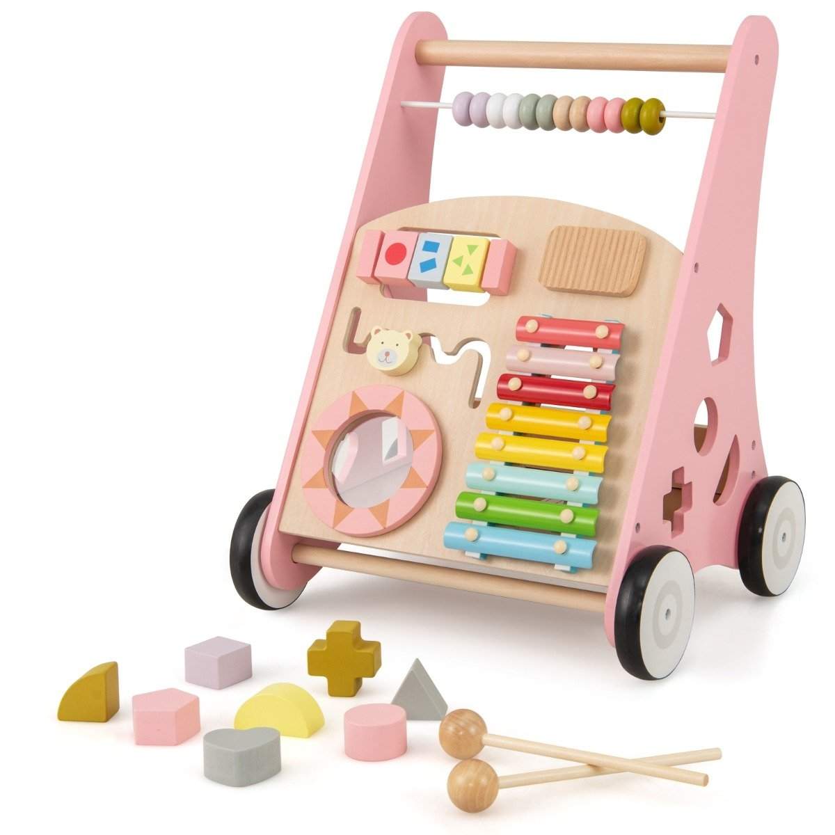 Babywalker i træ med aktiviteter – Pink, sikker og sjov