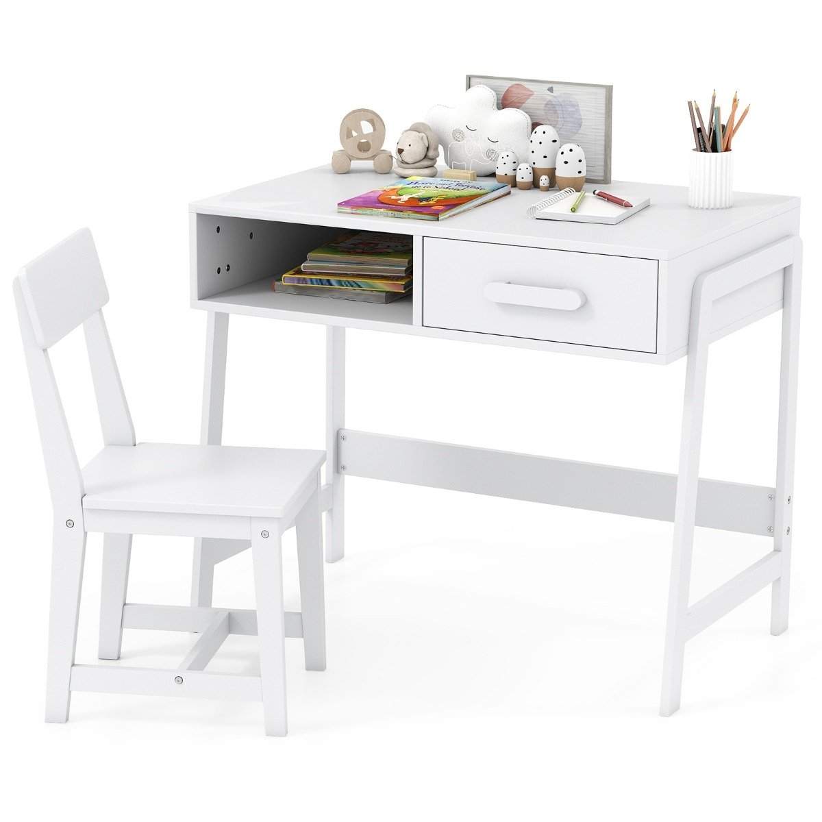 Børneskrivebord og stolesæt – træ, opbevaring, ergonomisk design